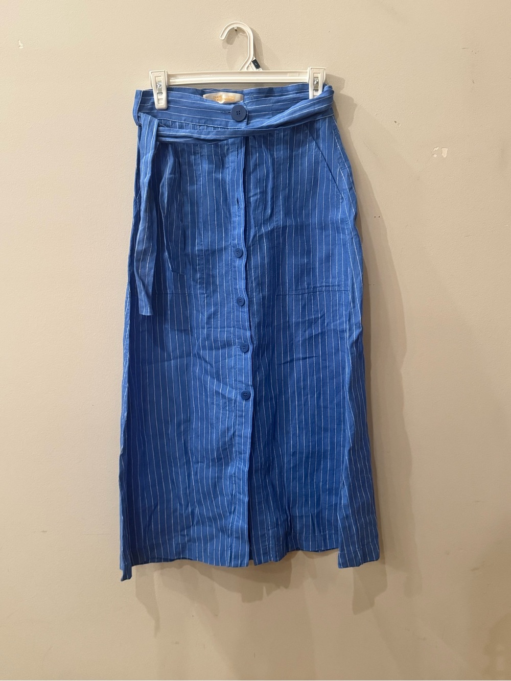 Diane Von Furstenberg Blue Pinstripe Button-Front Midi Skirt with Tie